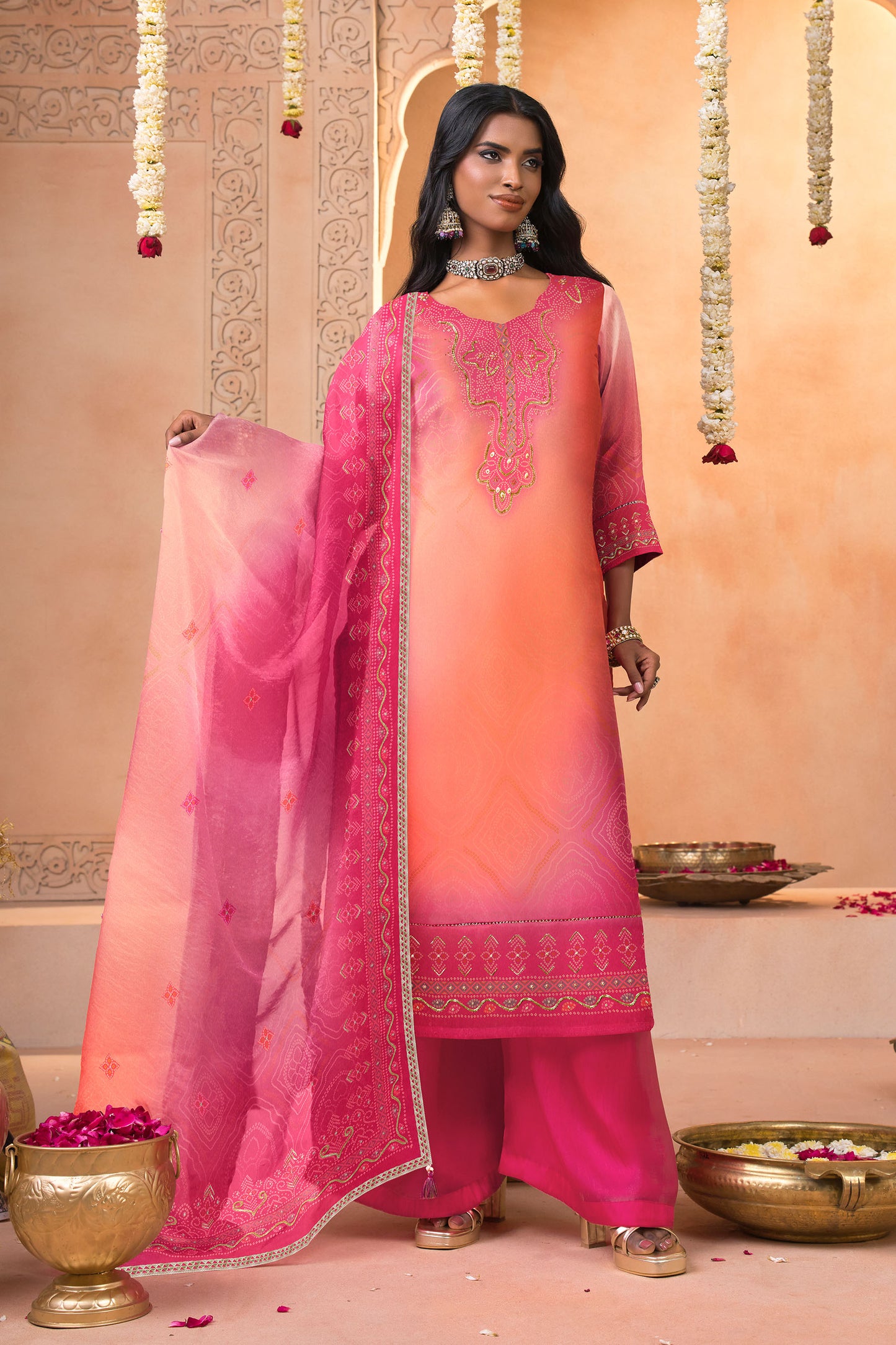 Sunset Pink Ombre Bandhani Print Silk Suit Set with Embroidered Dupatta