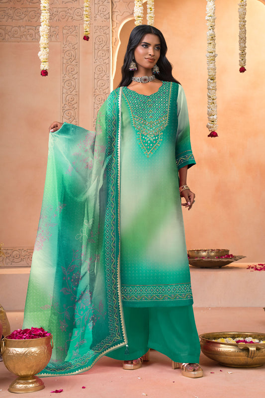 Teal Green Ombre Bandhani Print Silk Suit Set with Embroidered Dupatta