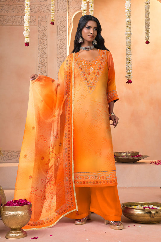 Marigold orange Ombre Bandhani Print Silk Suit Set with Embroidered Dupatta