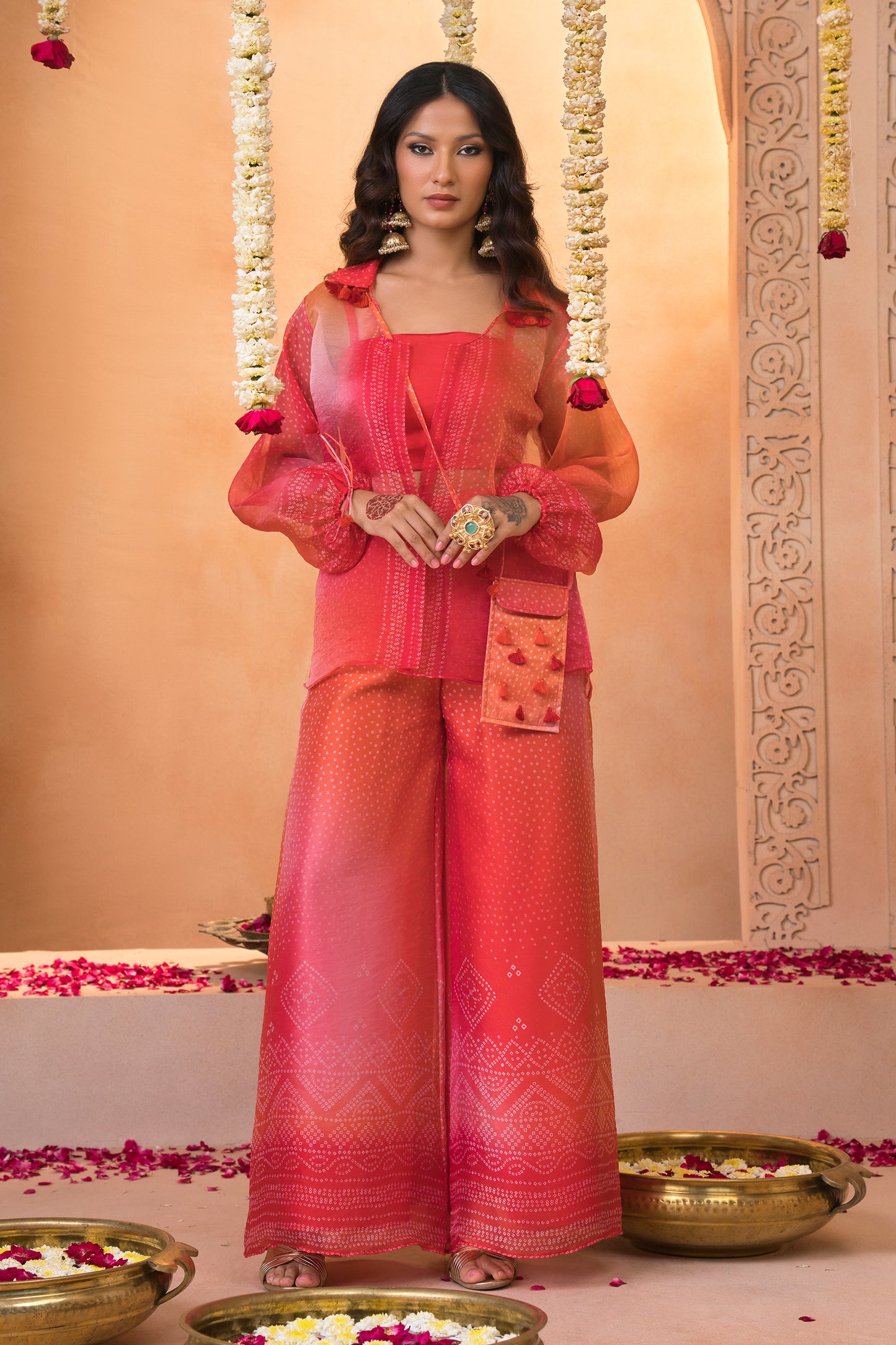 Sunset Red Ombré Bandhani Printed Co-Ord Set with Wide-Leg Pants