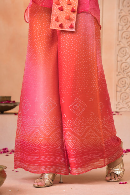 Sunset Red Ombré Bandhani Printed Co-Ord Set with Wide-Leg Pants