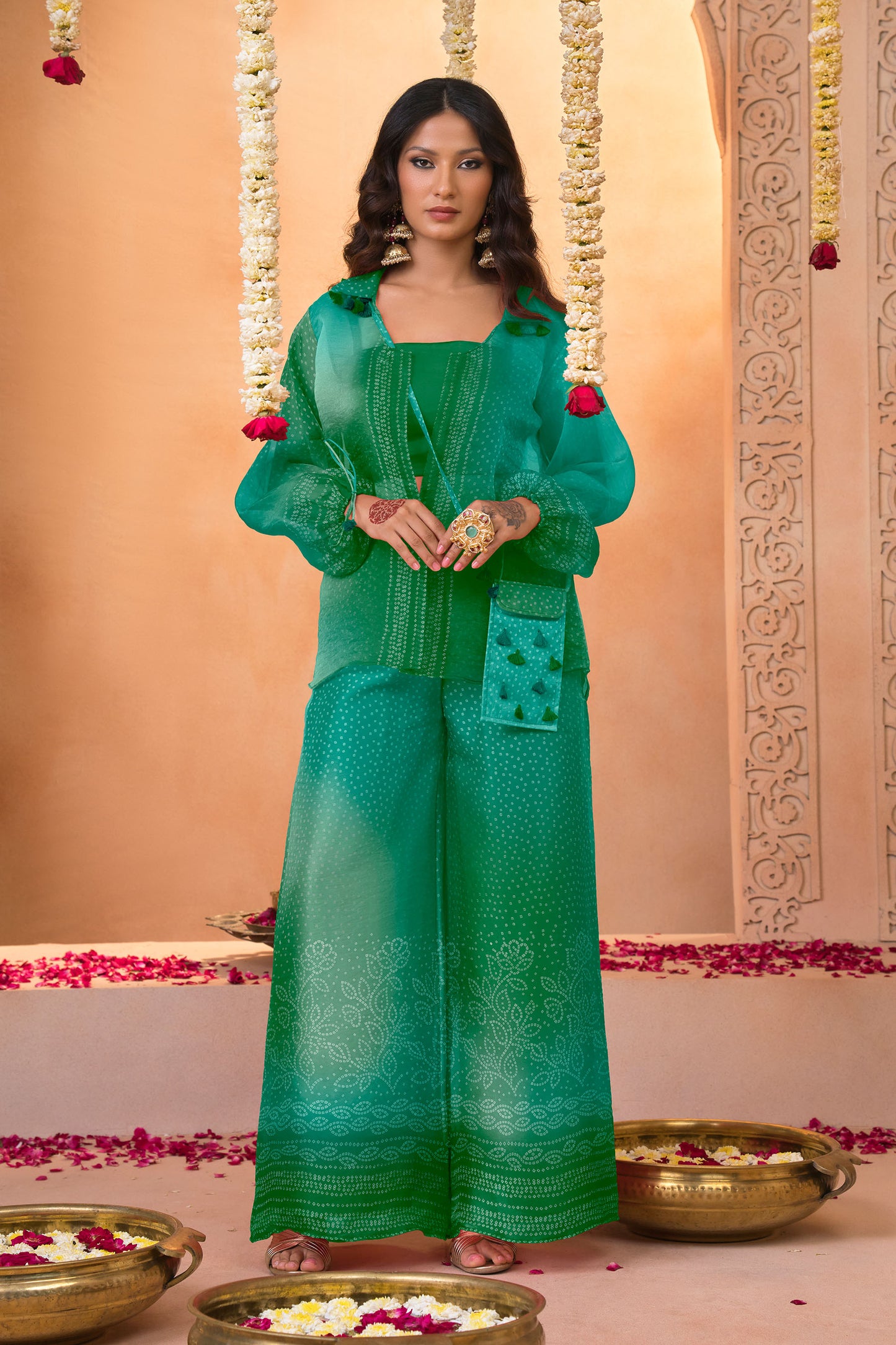 Emerald Green Ombré Bandhani Printed Co-Ord Set with Wide-Leg Pants