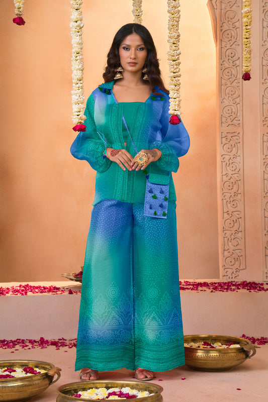 Ocean Teal Ombré Bandhani Printed Co-Ord Set with Wide-Leg Pants
