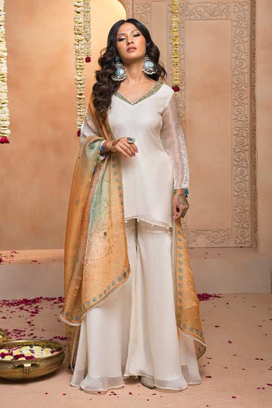 Saanjh Flared Top Plazzo Set with Bandhani Dupatta