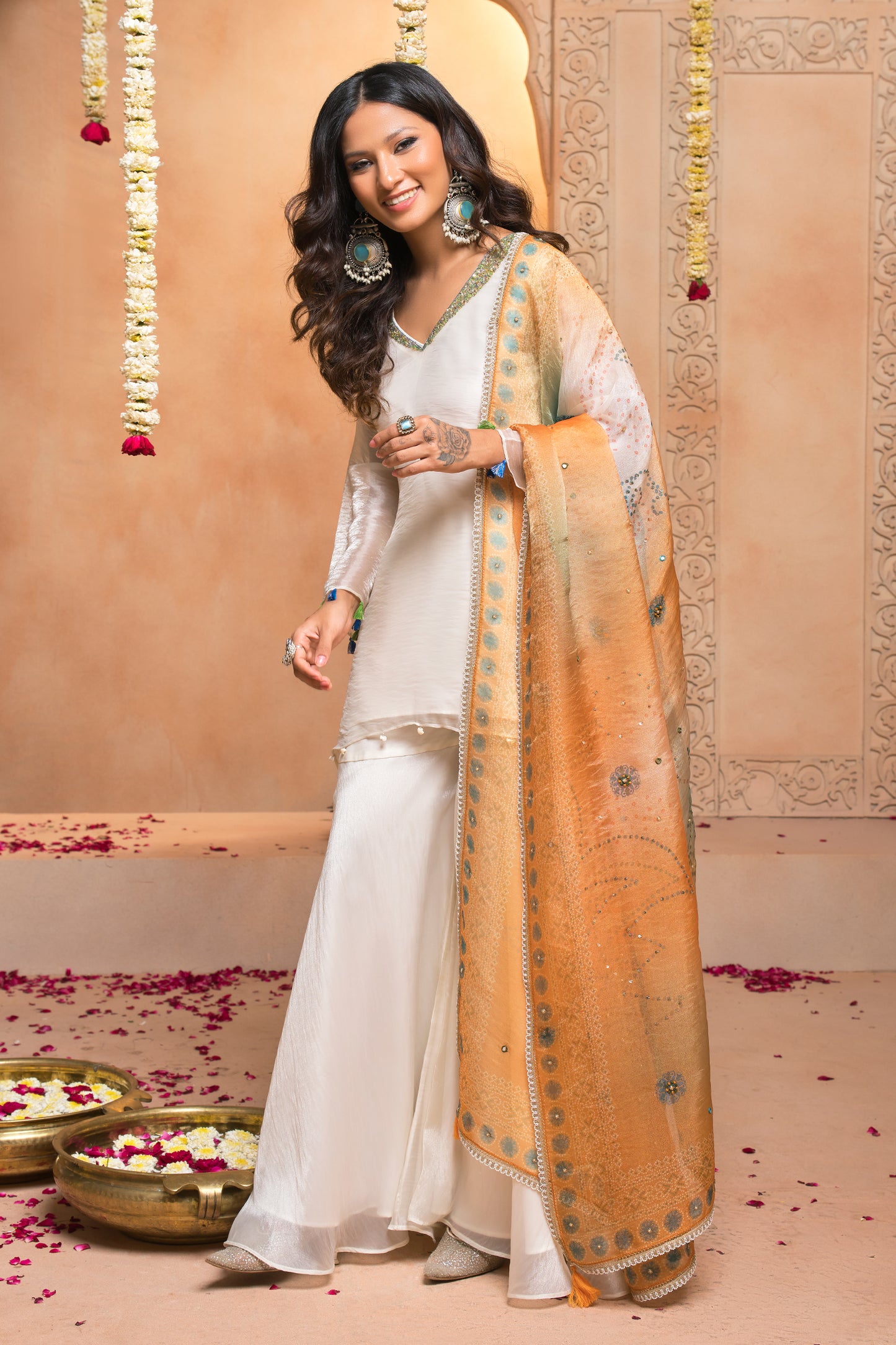 Saanjh Flared Top Plazzo Set with Bandhani Dupatta