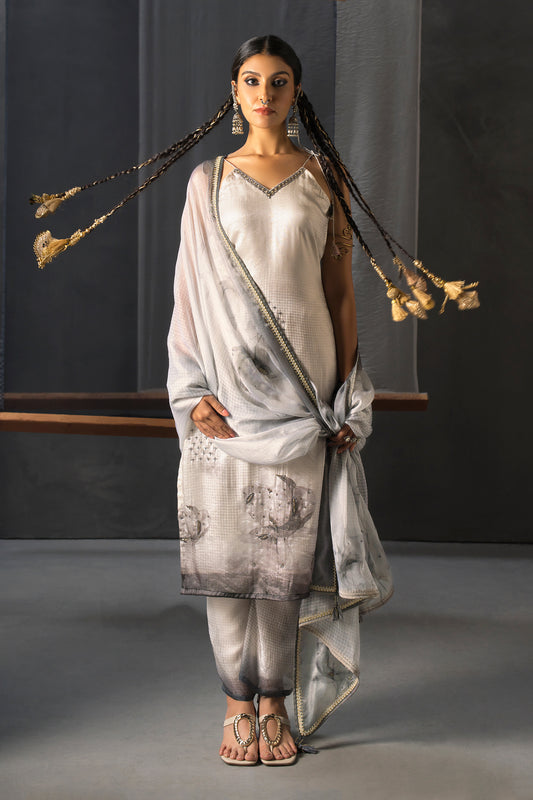 Monochrome Designer Strap Suit with Dupatta Ash White - Floral Shadow Print
