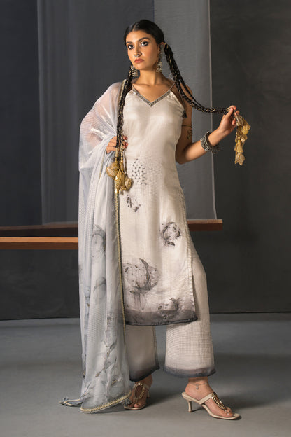 Monochrome Designer Strap Suit with Dupatta Ash White - Floral Shadow Print