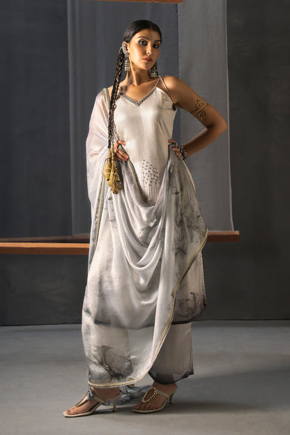 Monochrome Designer Strap Suit with Dupatta Ash White - Floral Shadow Print