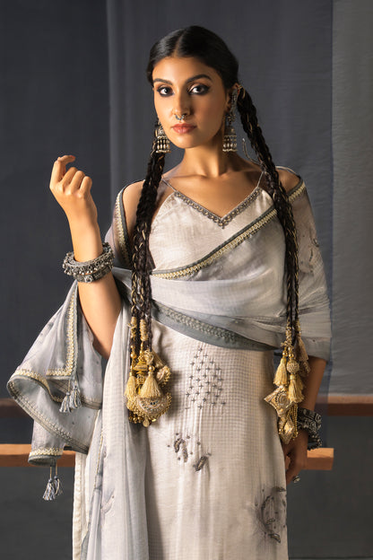 Monochrome Designer Strap Suit with Dupatta Ash White - Floral Shadow Print