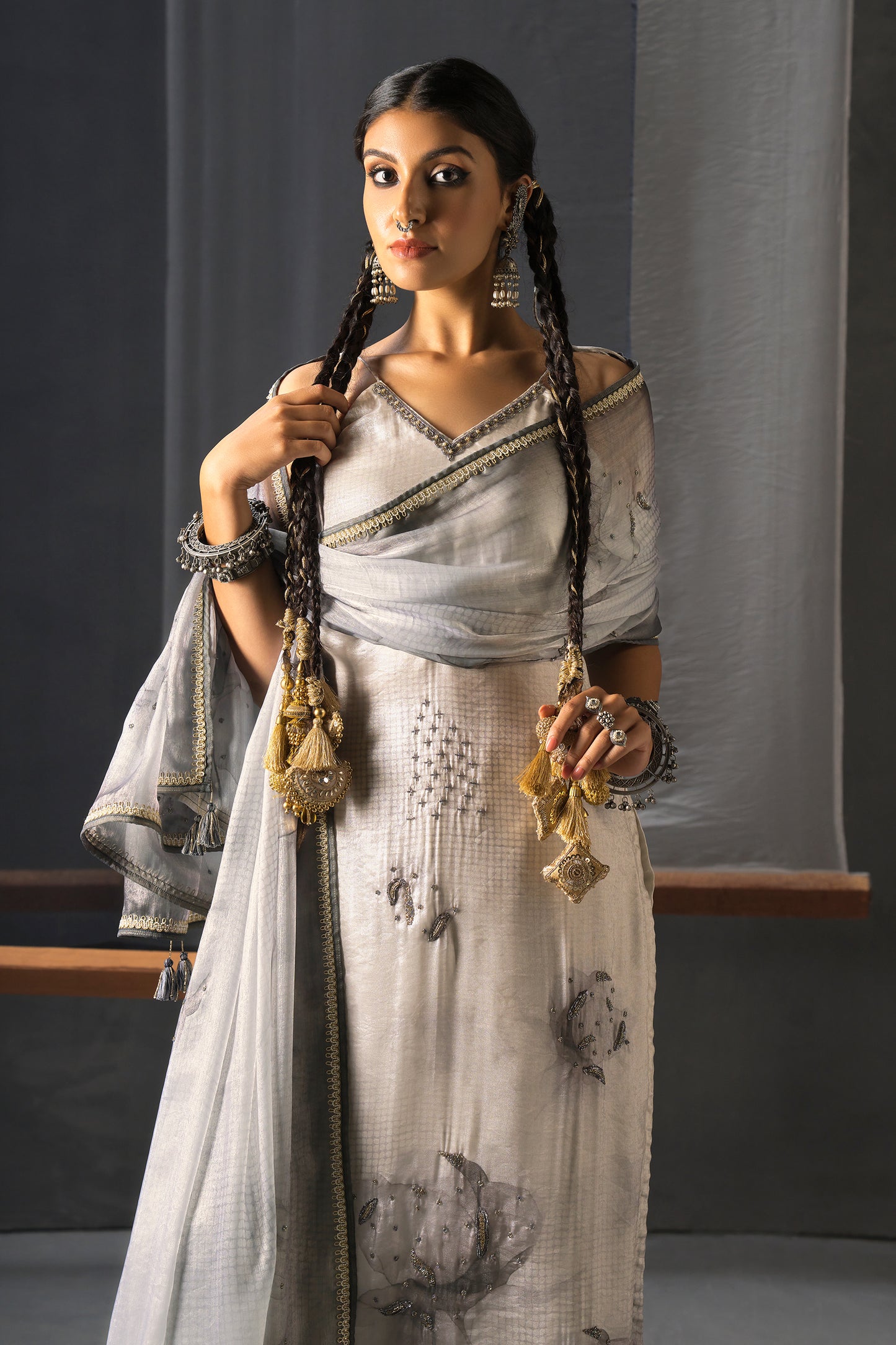 Monochrome Designer Strap Suit with Dupatta Ash White - Floral Shadow Print