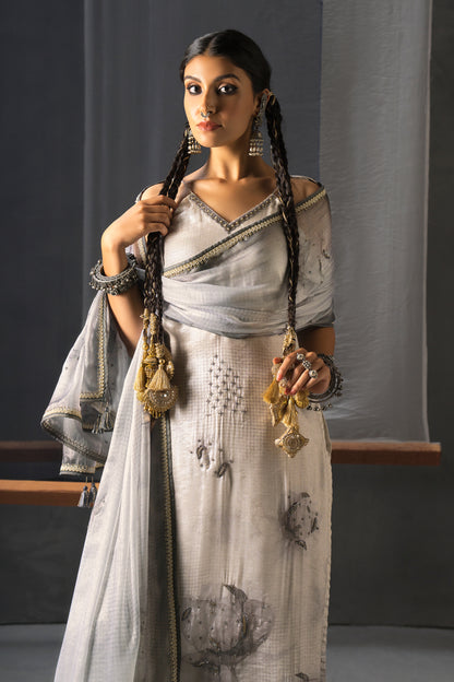 Monochrome Designer Strap Suit with Dupatta Ash White - Floral Shadow Print