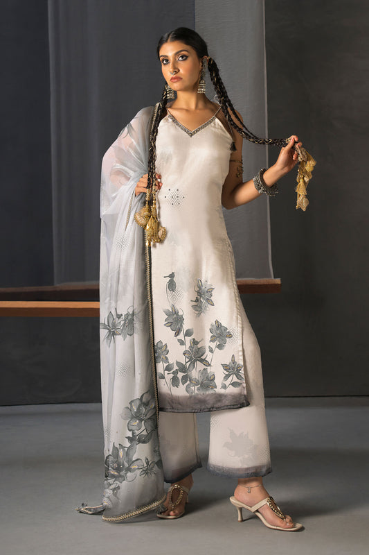 Monochrome Designer Strap Suit with Dupatta - Ash White - Garden Bloom Print