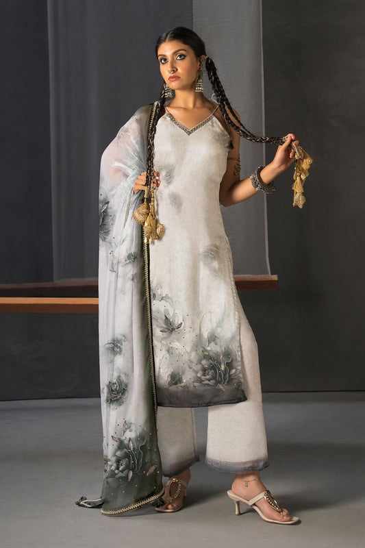 Monochrome Designer Strap Suit with Dupatta - Ash White - Minimal Dot Floral Print