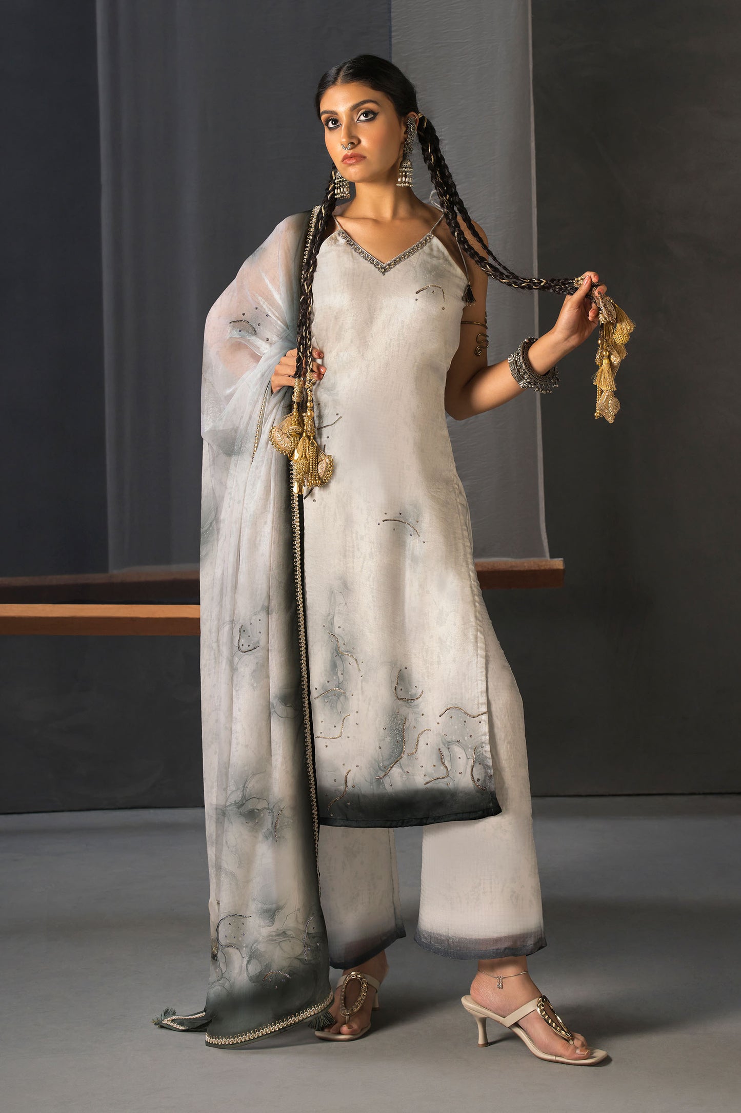 Monochrome Designer Strap Suit with Dupatta- Ash White - Linear Floral Print