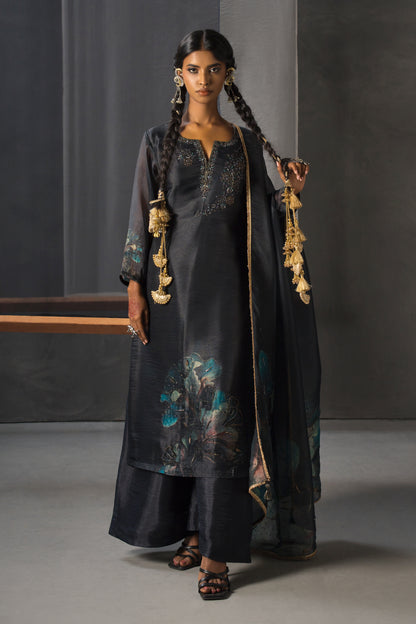 Charcoal Black Printed Designer Suit Set with Plazzo Pants