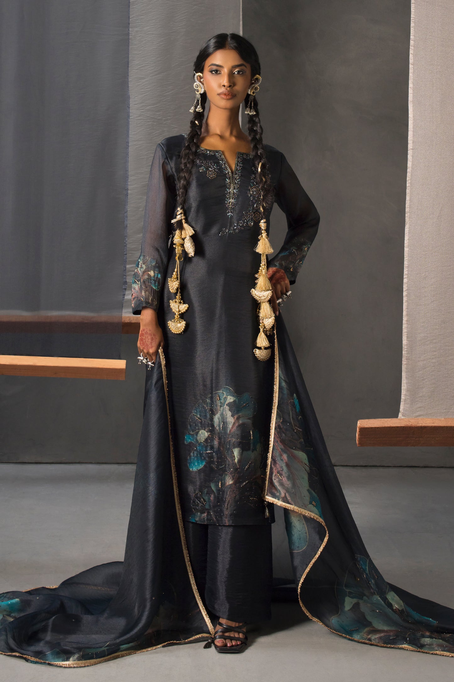 Charcoal Black Printed Designer Suit Set with Plazzo Pants