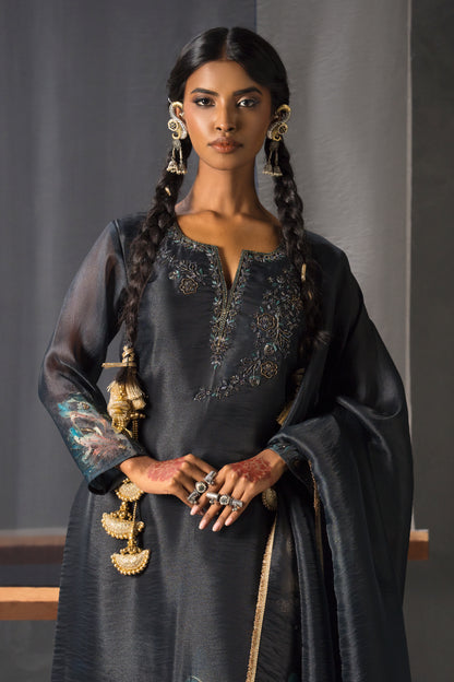 Charcoal Black Printed Designer Suit Set with Plazzo Pants