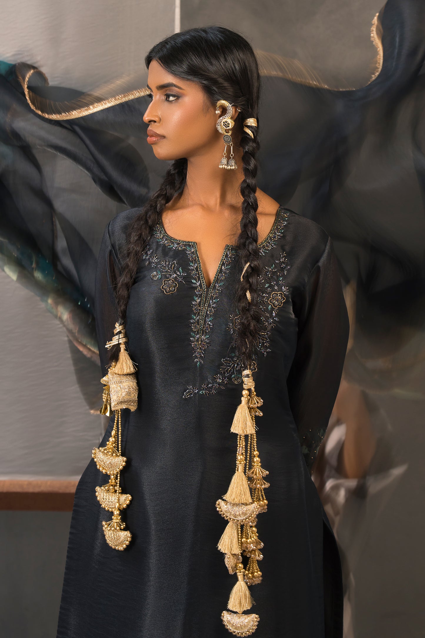 Charcoal Black Printed Designer Suit Set with Plazzo Pants