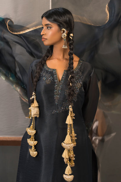 Charcoal Black Printed Designer Suit Set with Plazzo Pants