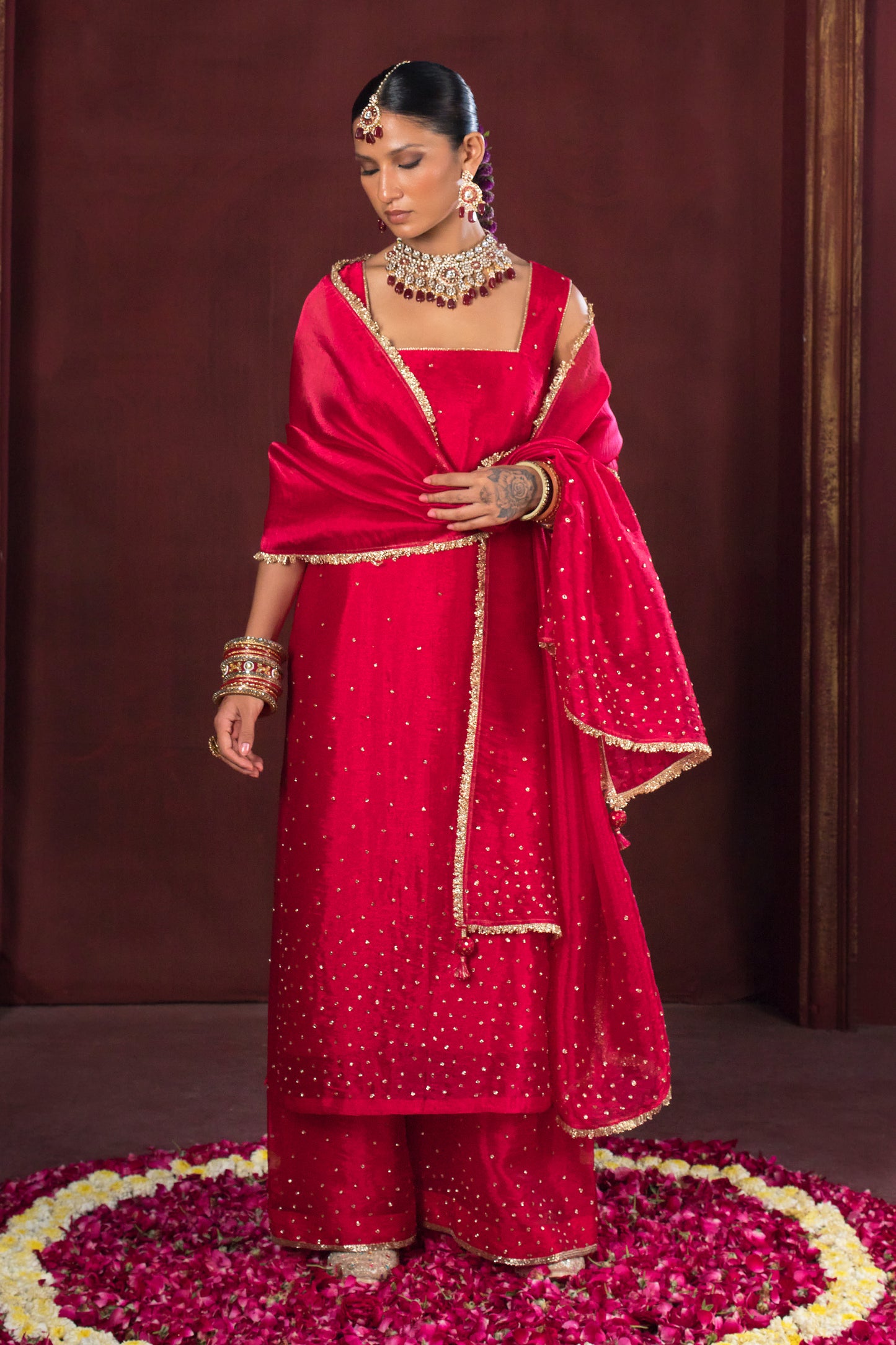Noor Cherry Red Three Piece Set