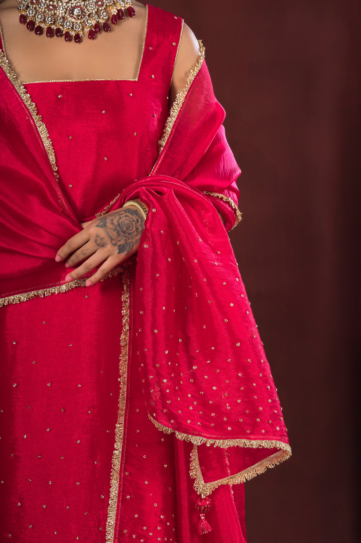 Noor Cherry Red Three Piece Set