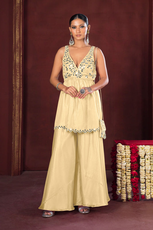 Gulnaar Champagne Mirror Work Sharara Set