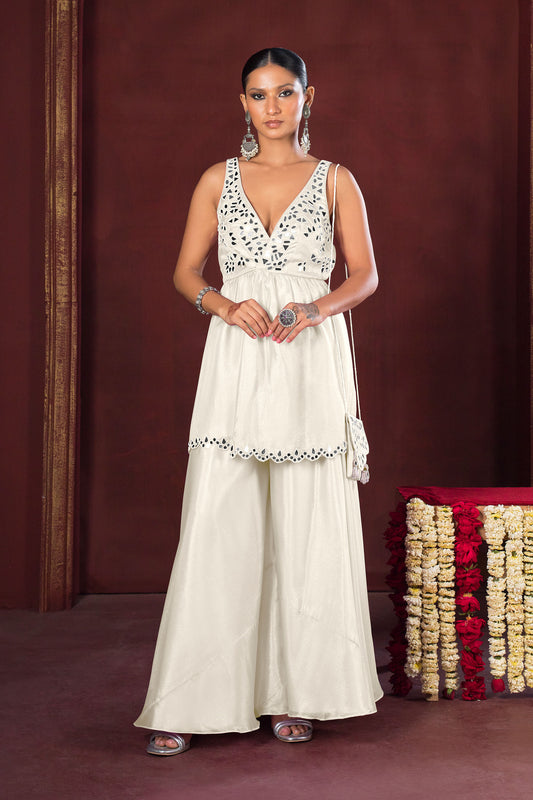 Gulnaar Pearl White Mirror Work Sharara Set