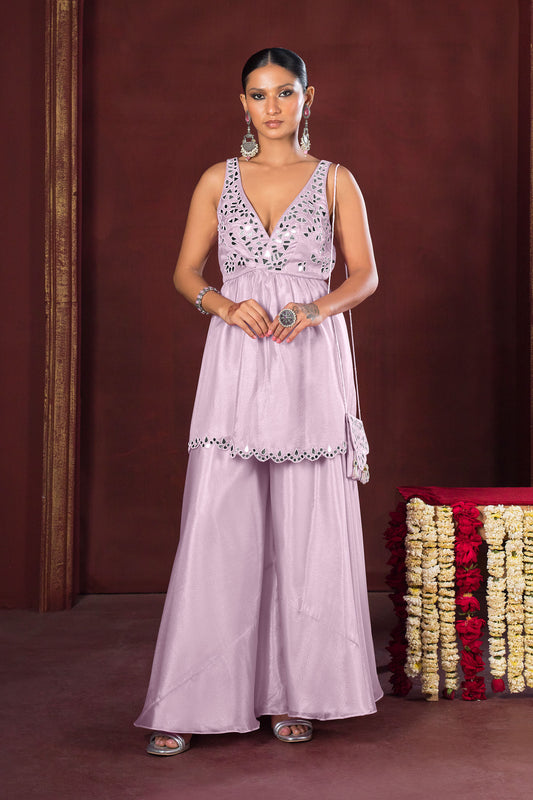 Gulnaar soft pastel lavender Mirror Work Sharara Set