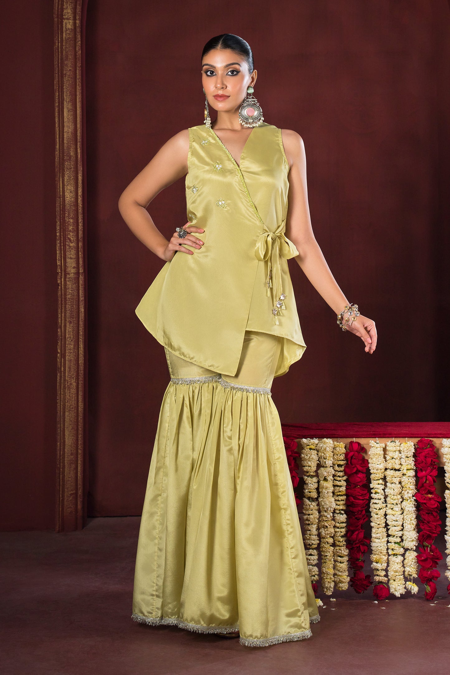 Lime Dusk Indo-Western Angrakha V-Neck Sharara Set