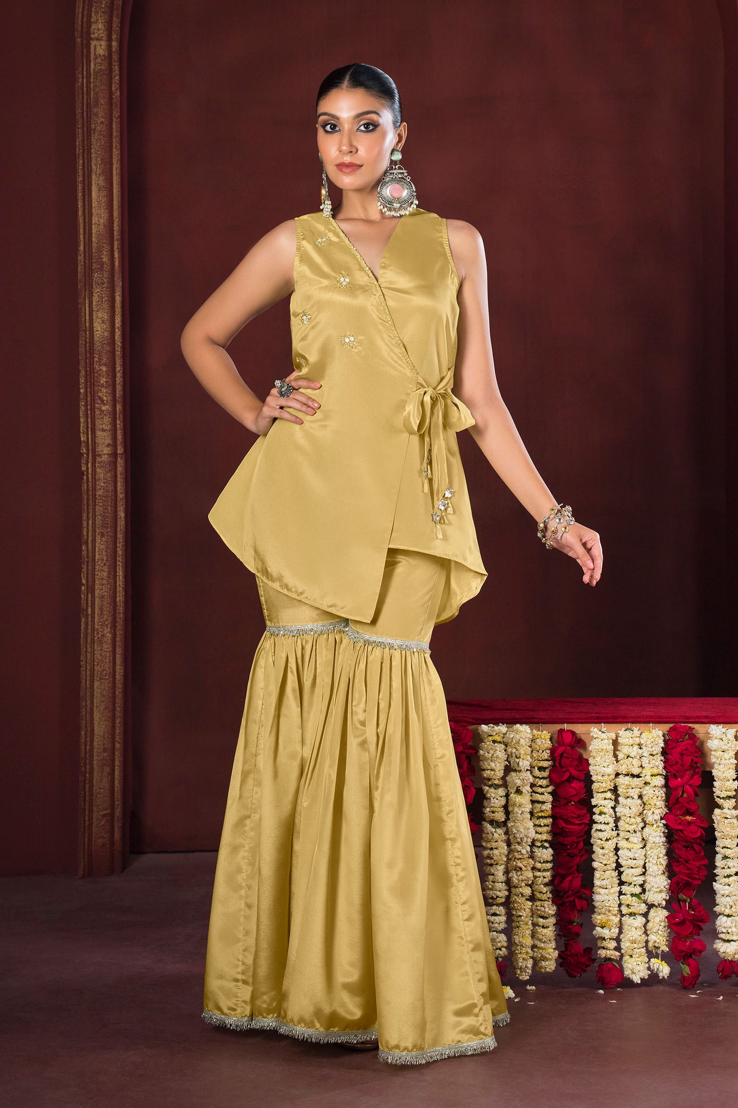 Antique Gold  Indo-Western Angrakha V-Neck Sharara Set