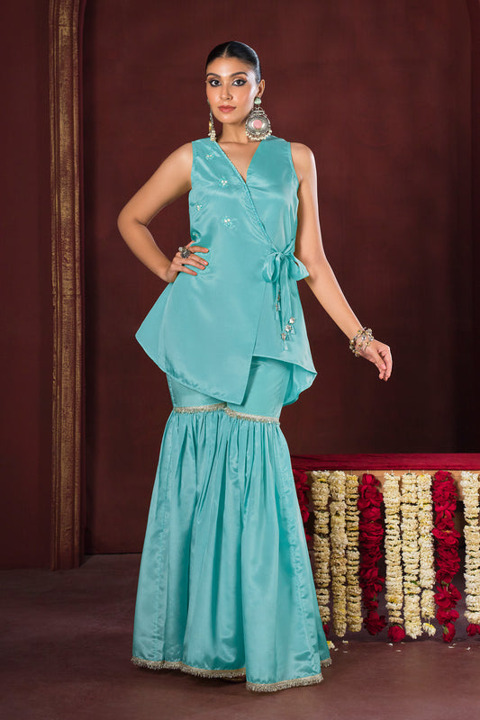 Aqua Blue Indo-Western Angrakha V-Neck Sharara Set