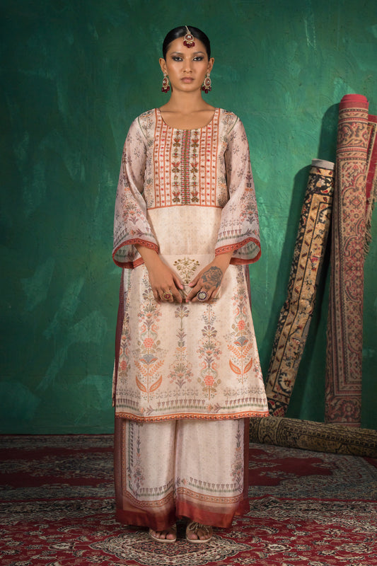 Ivory Floral Hand Painted Organza Kurta Set