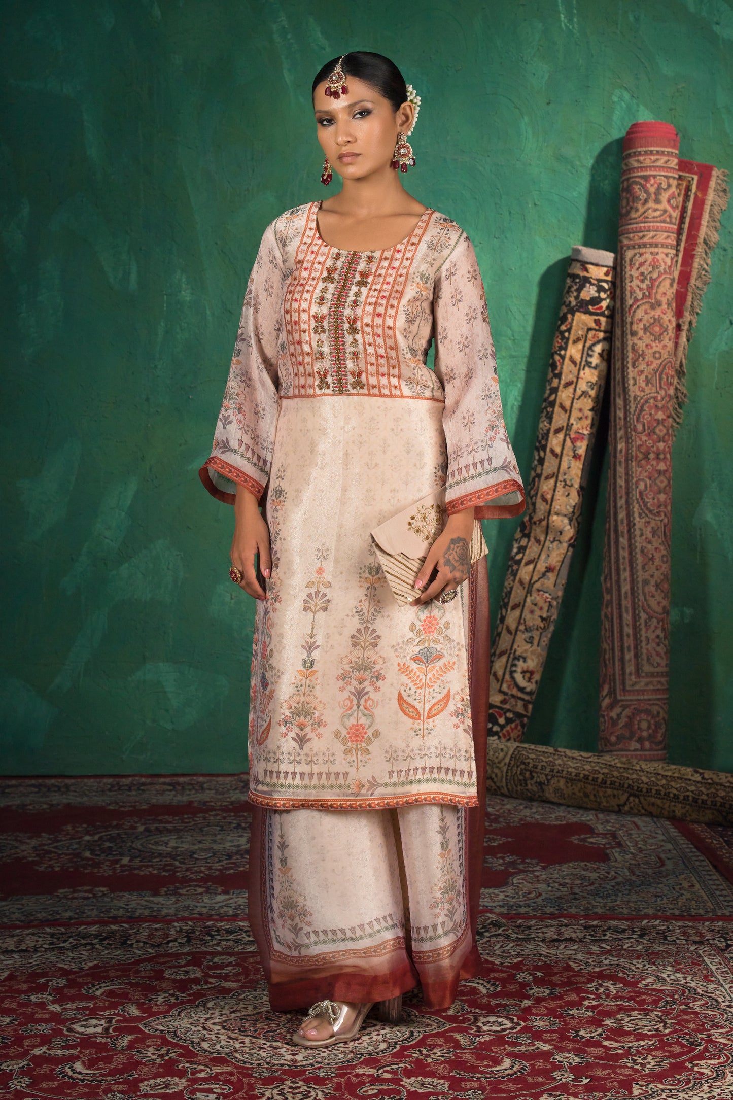 Ivory Floral Hand Painted Organza Kurta Set