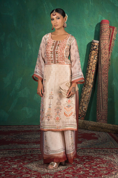 Ivory Floral Hand Painted Organza Kurta Set