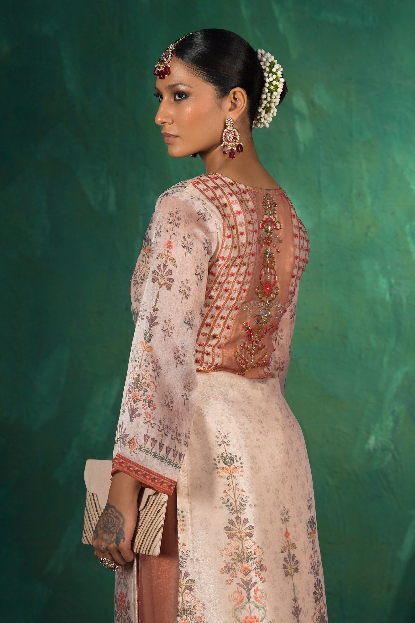 Ivory Floral Hand Painted Organza Kurta Set