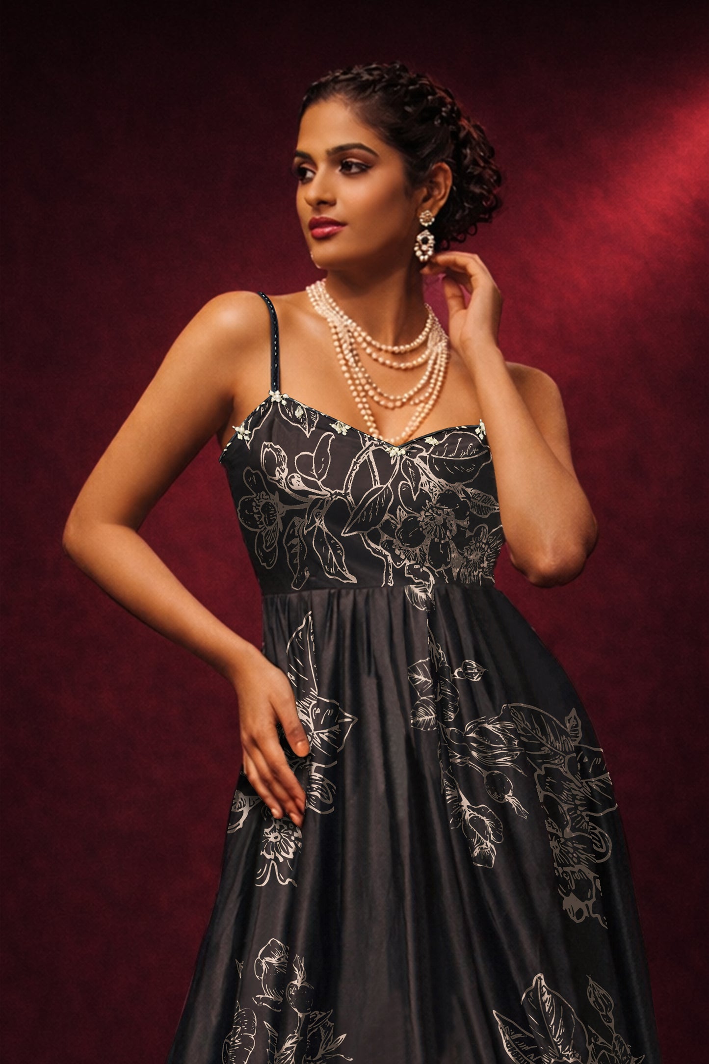 Black Spaghetti evening Floral Dress