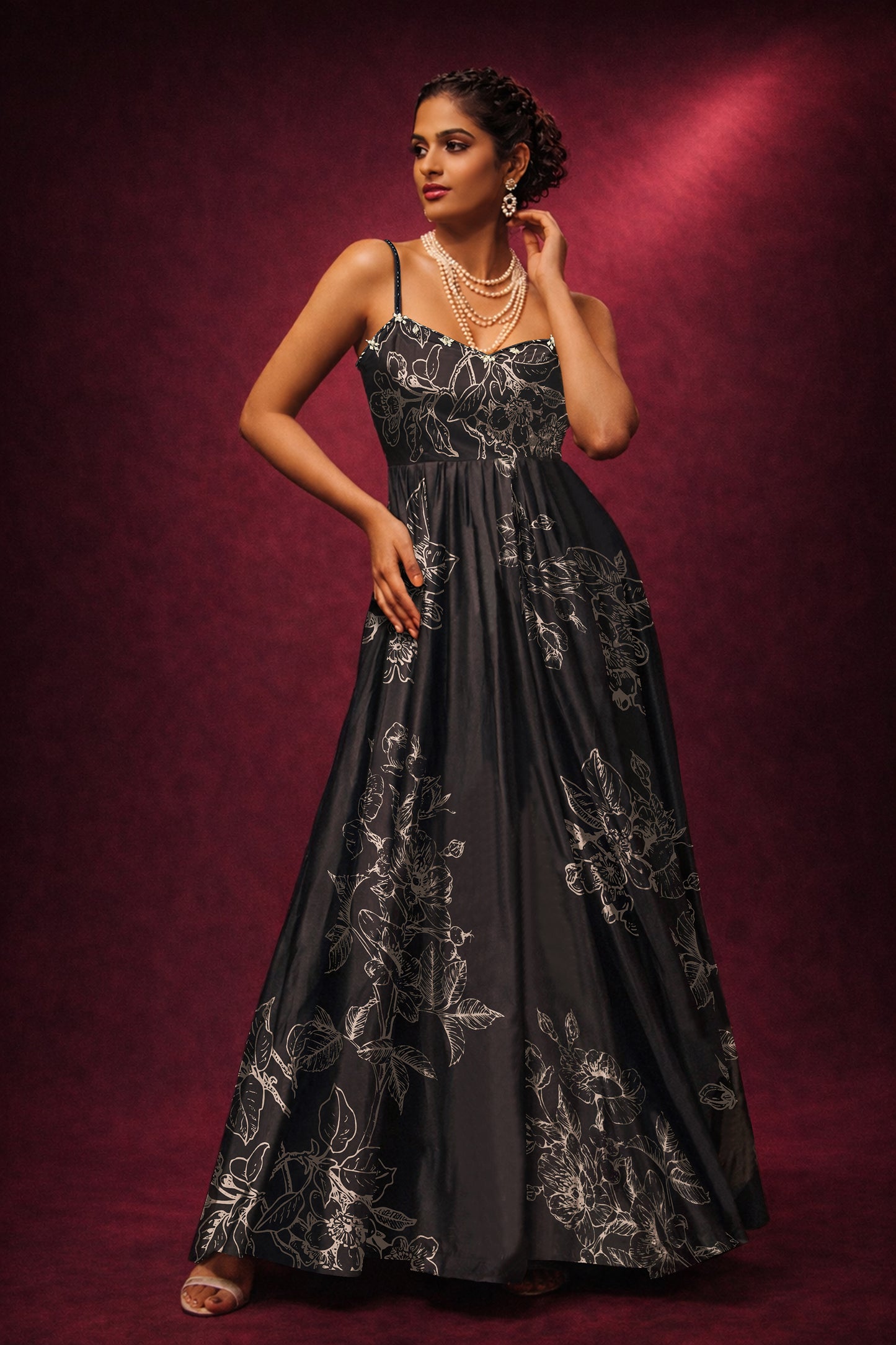 Black Spaghetti evening Floral Dress