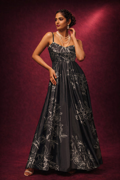 Black Spaghetti evening Floral Dress