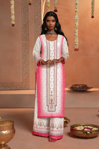 Tara Blush Ombre Satin Organza Silk Kurta Palazzo Set
