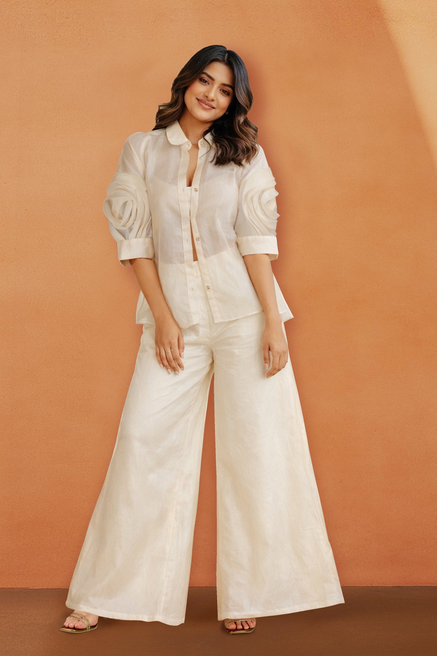 Ivory Comfort Fit Shirt & Pant Set With Designer Sleeve