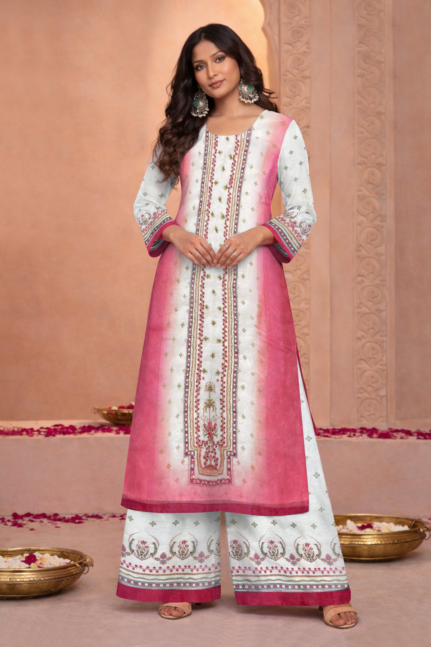 Tara Blush Ombre Satin Organza Silk Kurta Palazzo Set