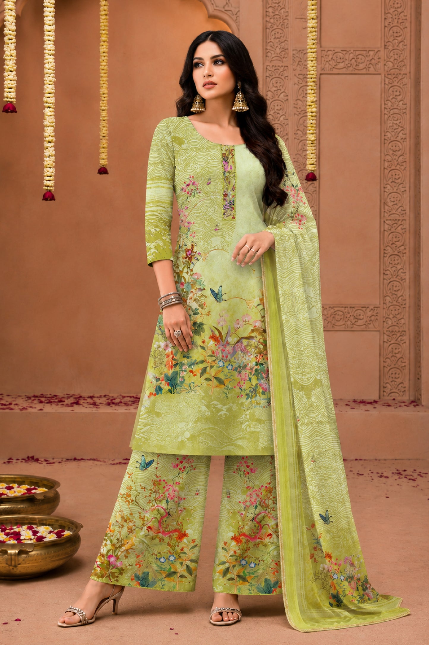 Aavya Lime Green Kurta Palazzo with Dupatta