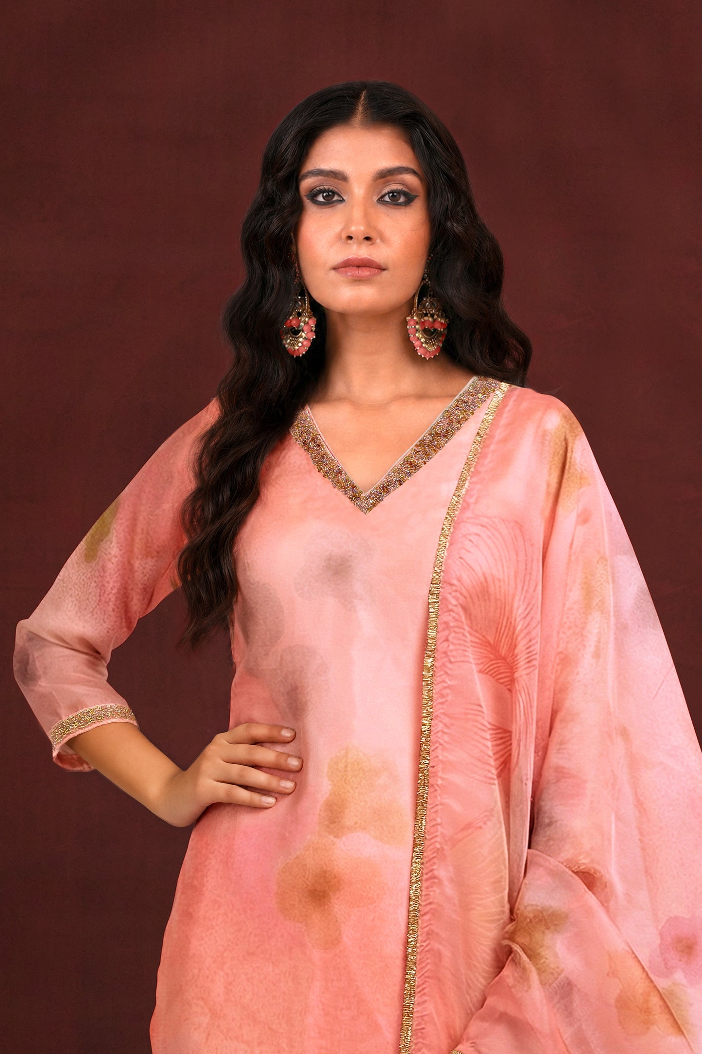Peach Blossom Printed Kurta Set with Dupatta