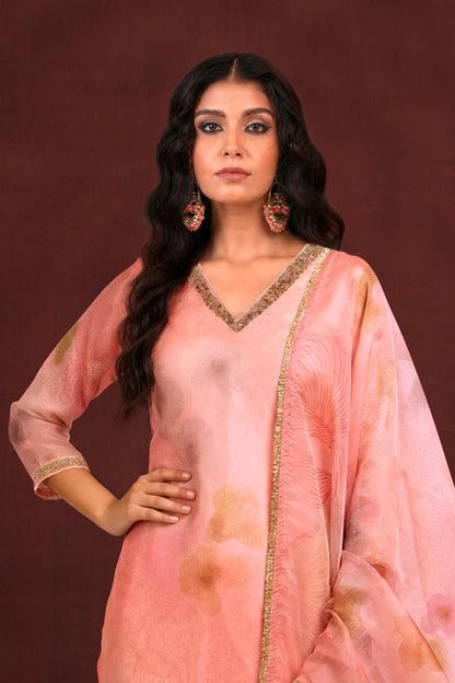 Peach Blossom Printed Kurta Set with Dupatta