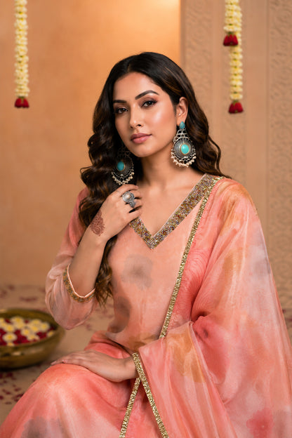 Peach Blossom Printed Kurta Set with Dupatta