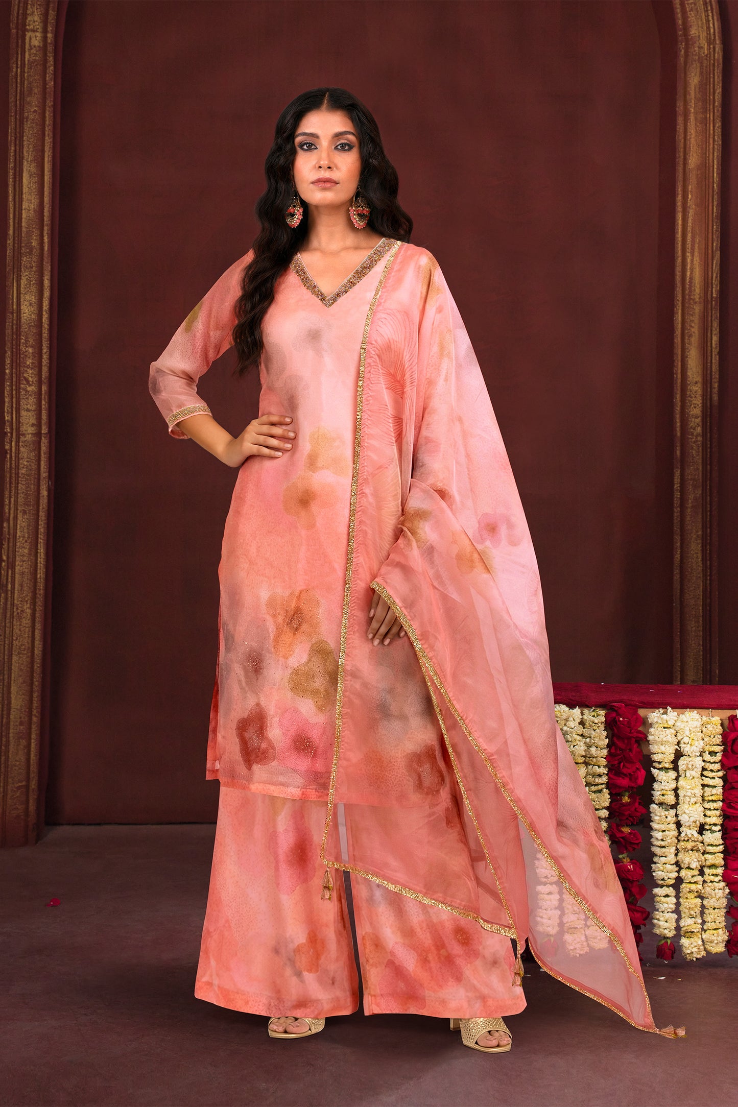 Peach Blossom Printed Kurta Set with Dupatta