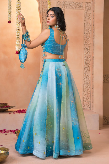 Neel Rang Bandhani Mirror Kali Lehenga