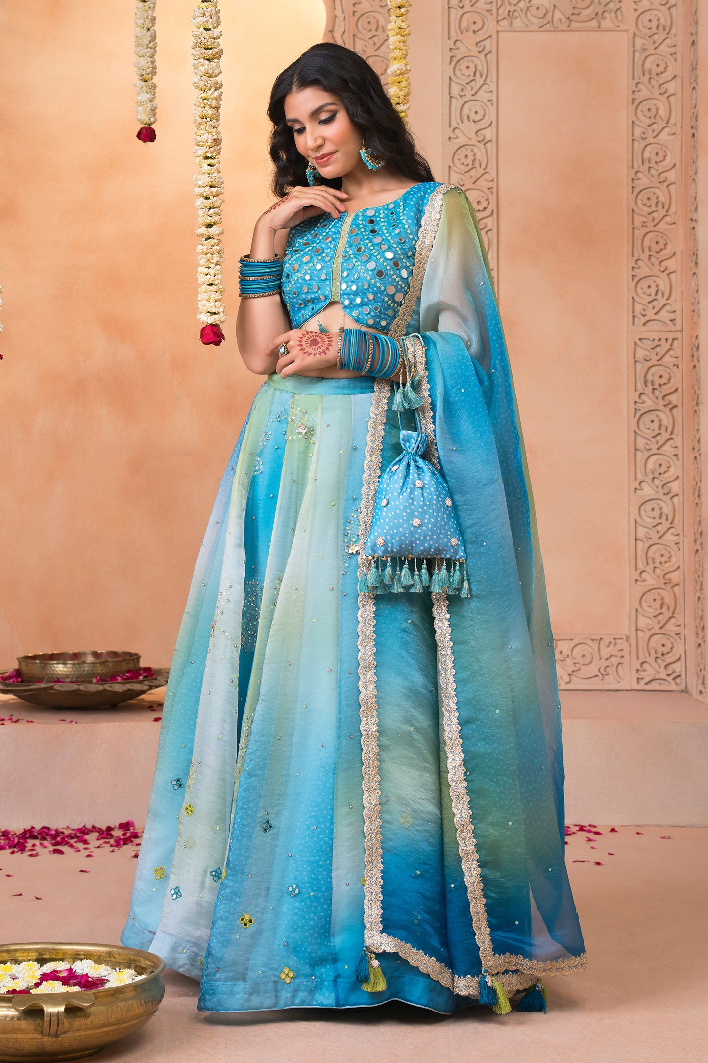 Neel Rang Bandhani Mirror Kali Lehenga