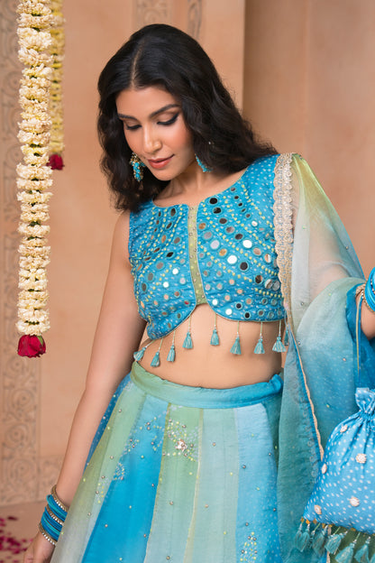 Neel Rang Bandhani Mirror Kali Lehenga