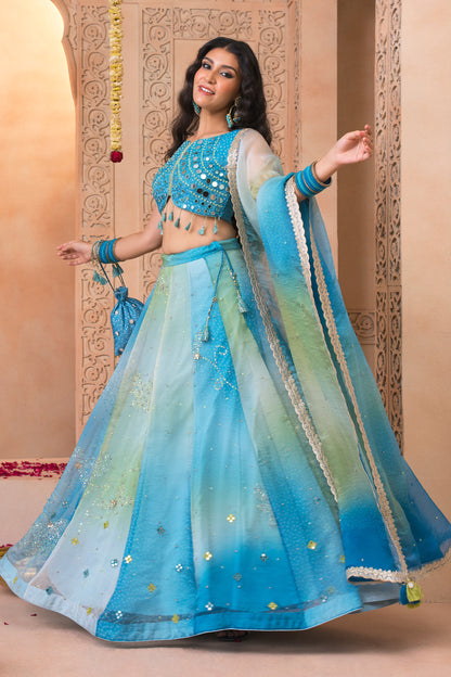 Neel Rang Bandhani Mirror Kali Lehenga
